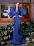 MISSORD V-neck Ruched Ballon Sleeve Blue Prom Dress