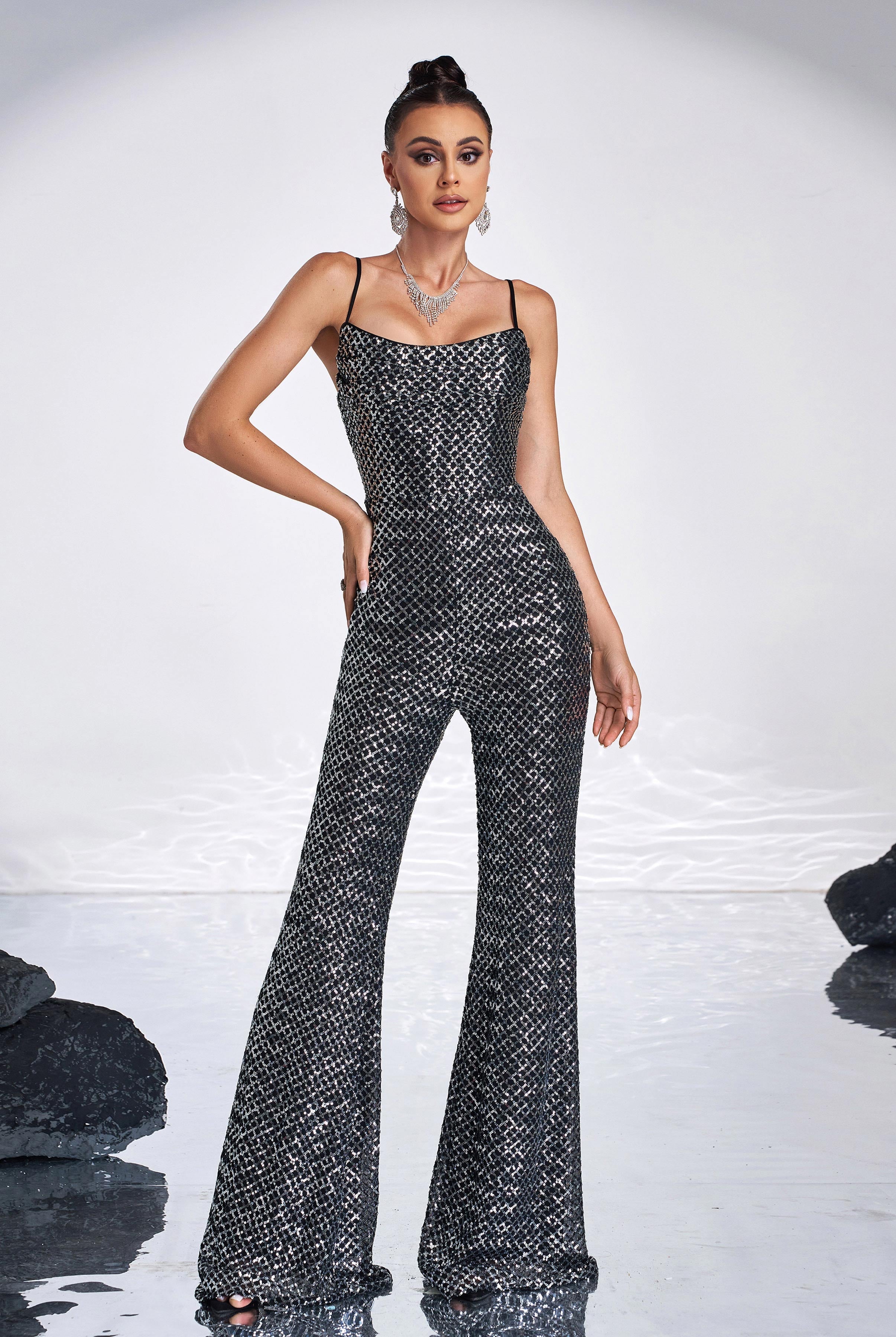 Spaghetti Strap Sleeveless Sequin Apricot Prom Jumpsuits RA60038