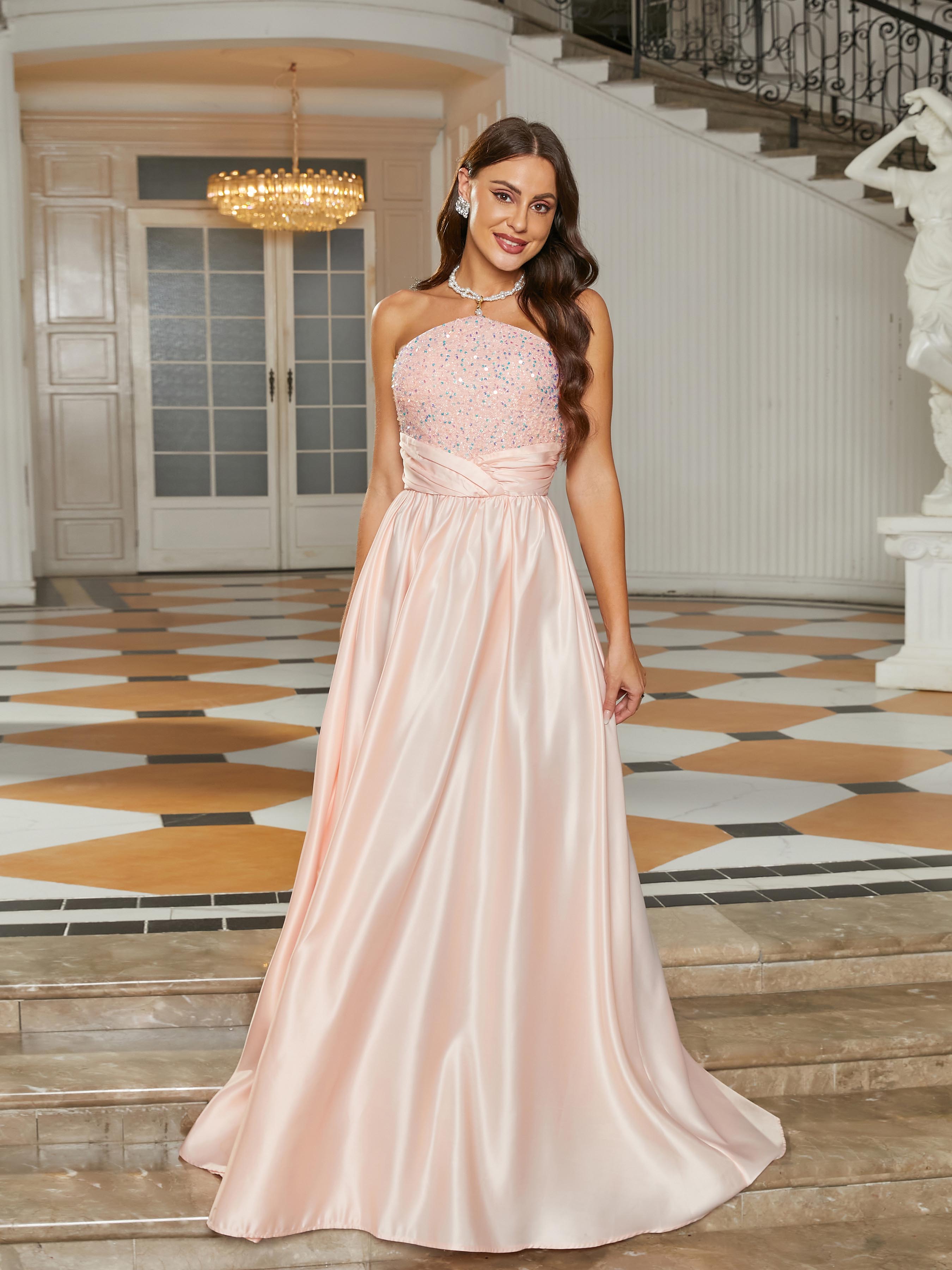 MISSORD Tube Top Panel Sequin Satin Pink Prom Dress