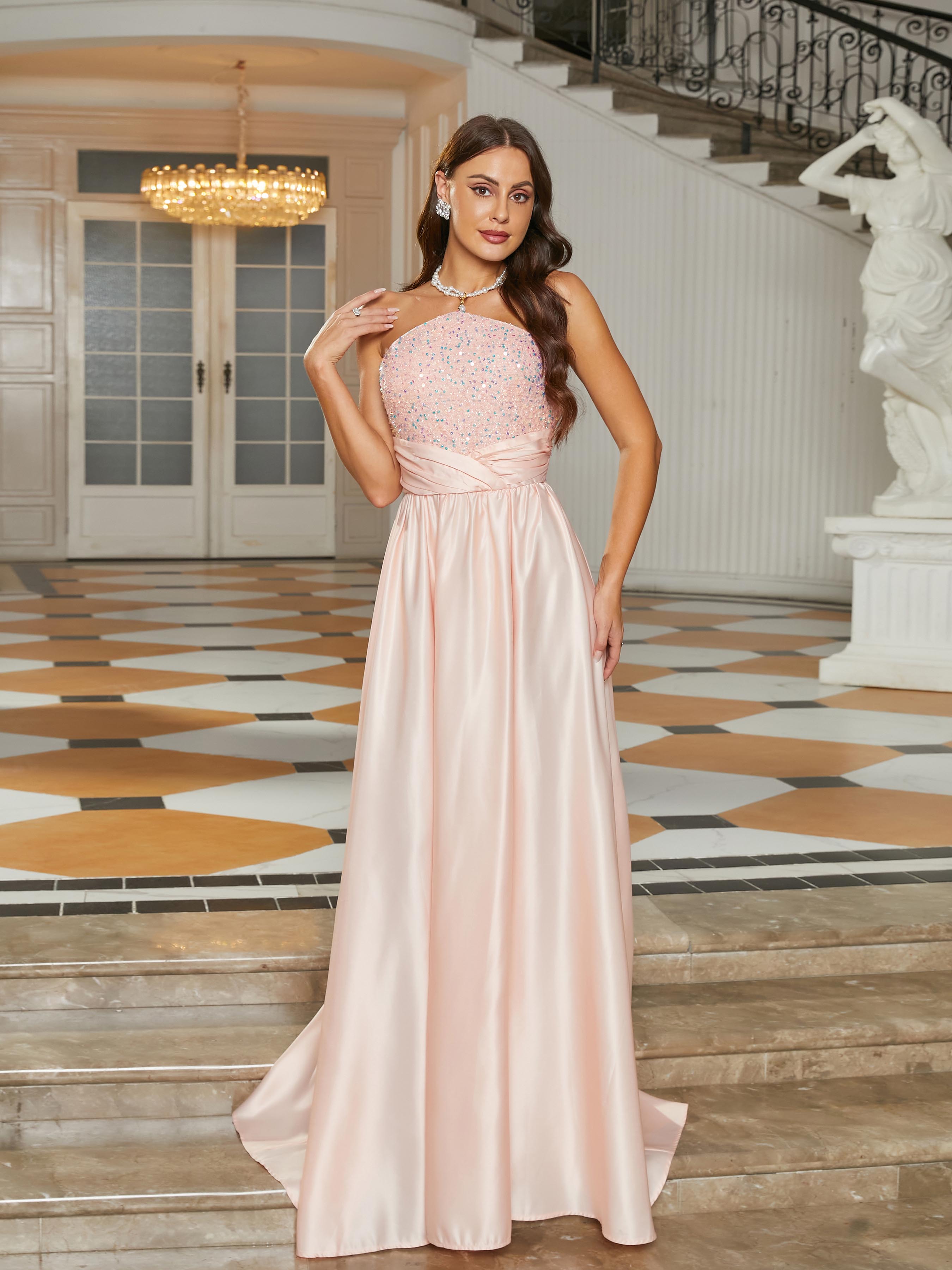 MISSORD Tube Top Panel Sequin Satin Pink Prom Dress