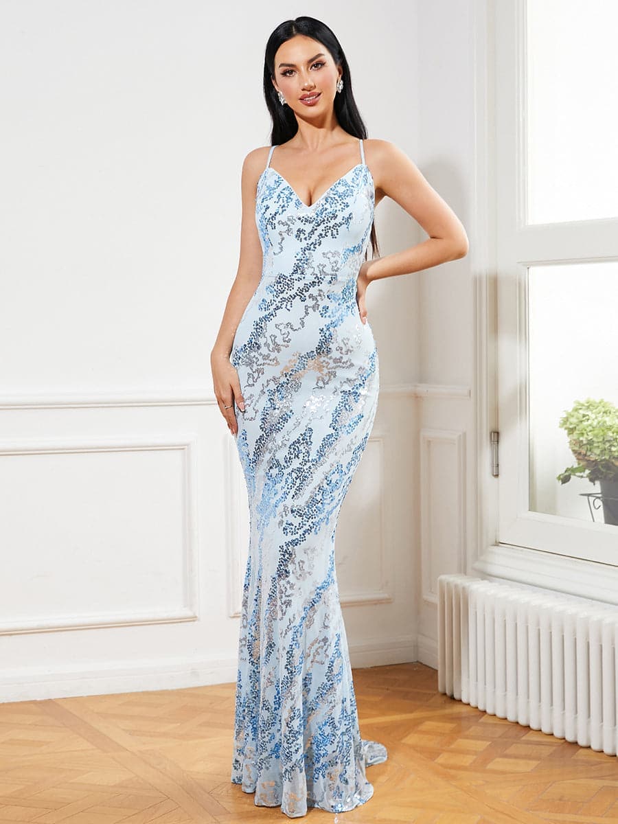 Spaghetti V Neck Mermaid Blue Prom Dress
