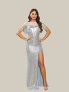 MISSORD Fringed Cap Sleeve Maxi Sequin Sliver Split Prom Dress