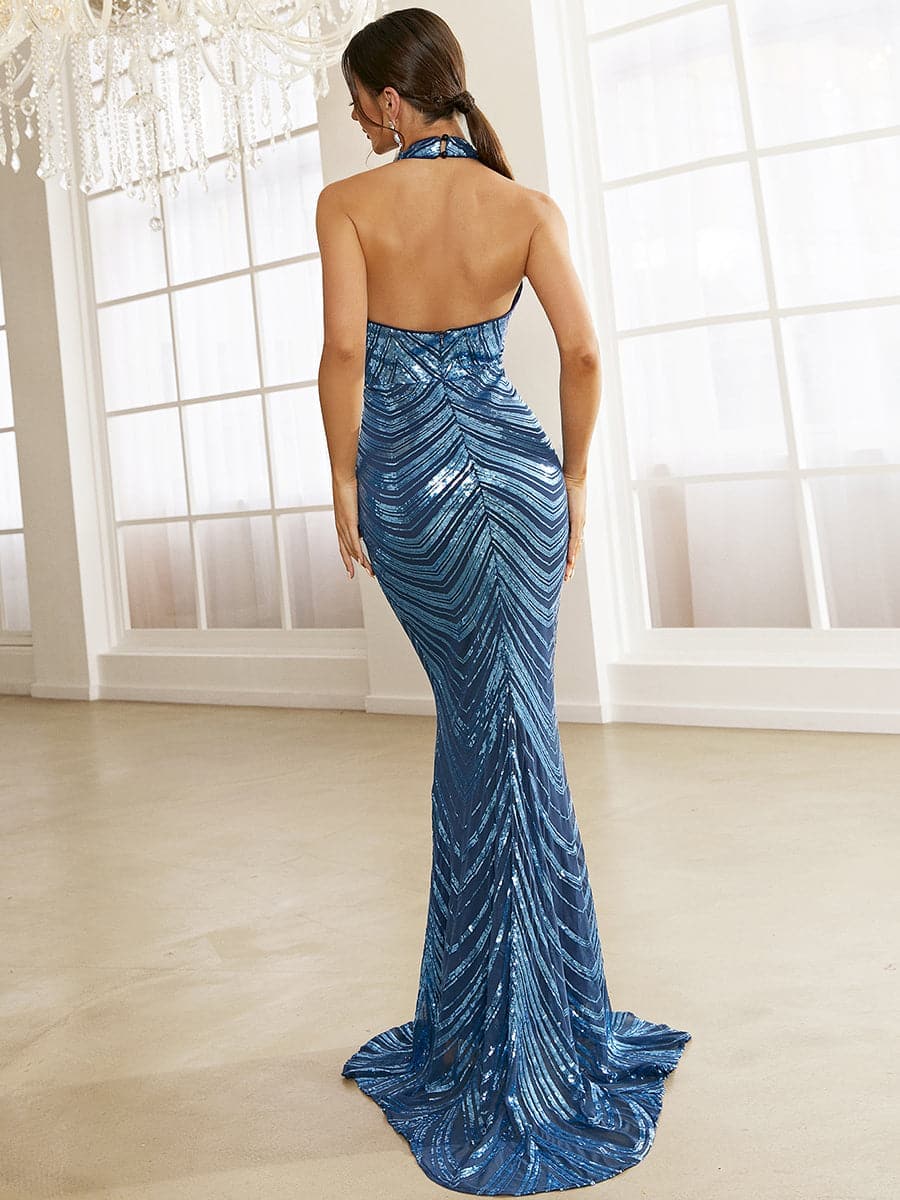 Striped Blue Sleeveless Mermaid Sequin Prom Dress XJ1507 MISS ORD