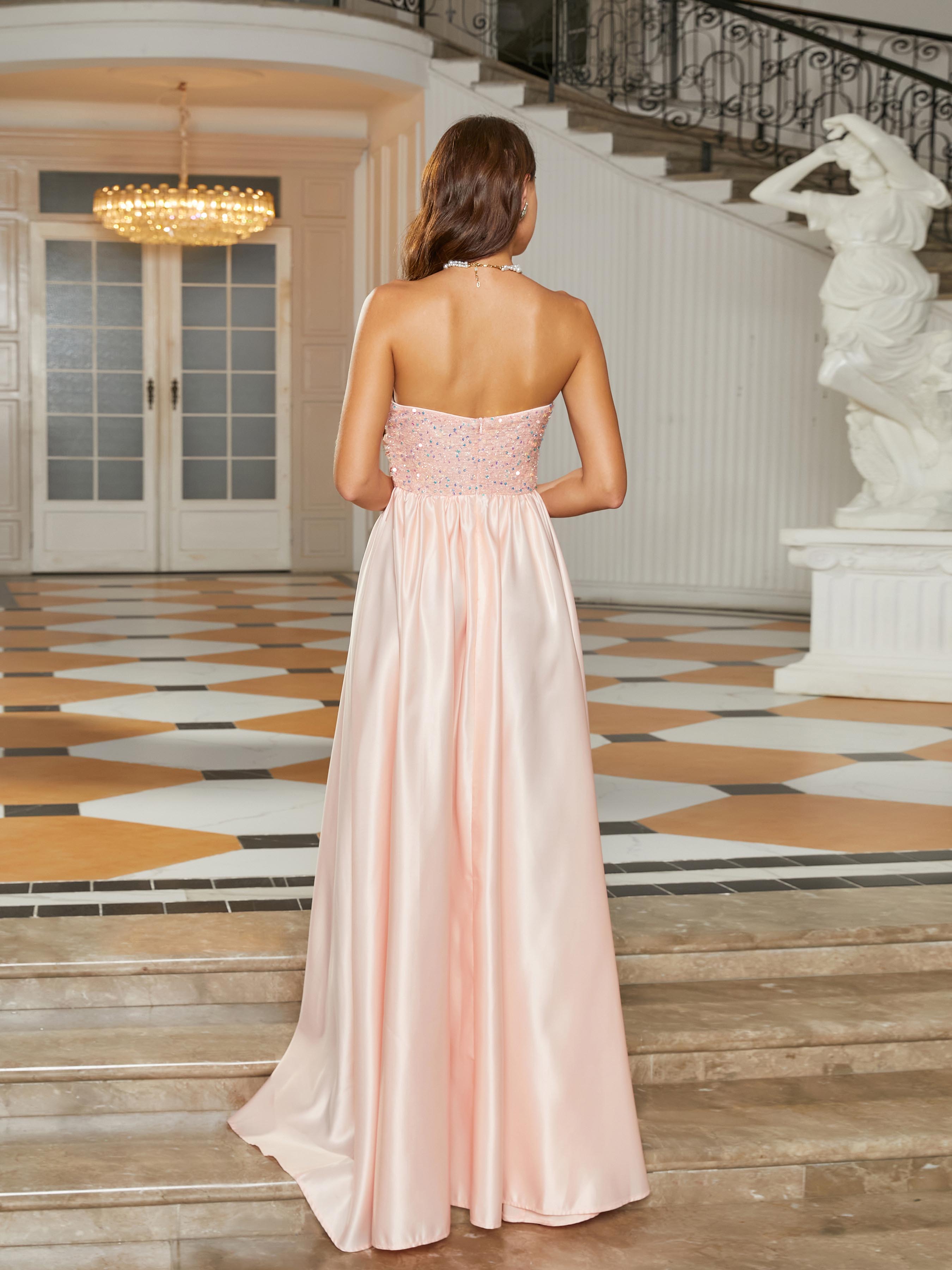 MISSORD Tube Top Panel Sequin Satin Pink Prom Dress