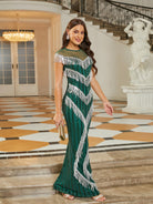 MISSORD Fringed Cap Sleeve Panel Sequin Green Prom Dress