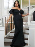 Plus Size Off Shoulder Lotus Sleeve Black Mermaid Evening Dress PWY111 MISS ORD