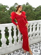 MISSORD Ballon Sleeve High Split Sequin Red Prom Dress