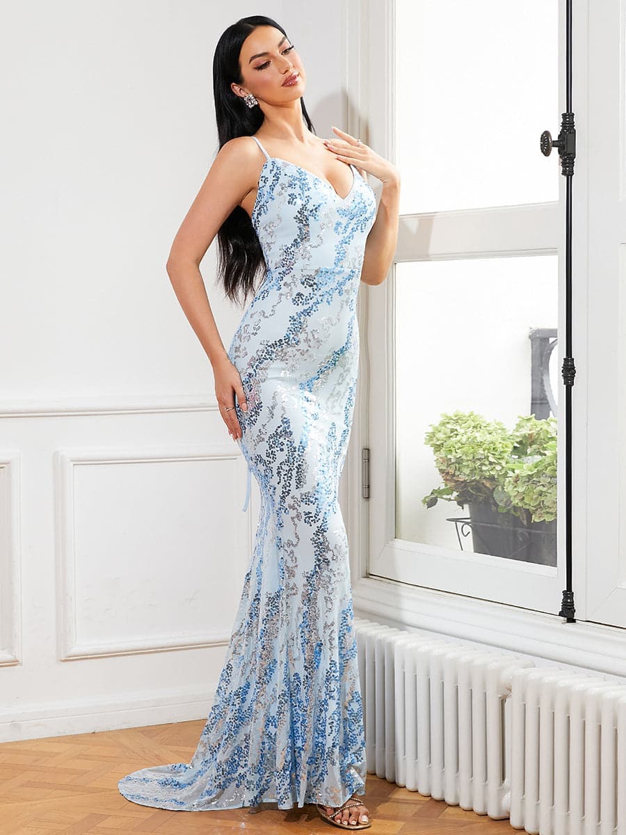 Spaghetti V Neck Mermaid Blue Prom Dress