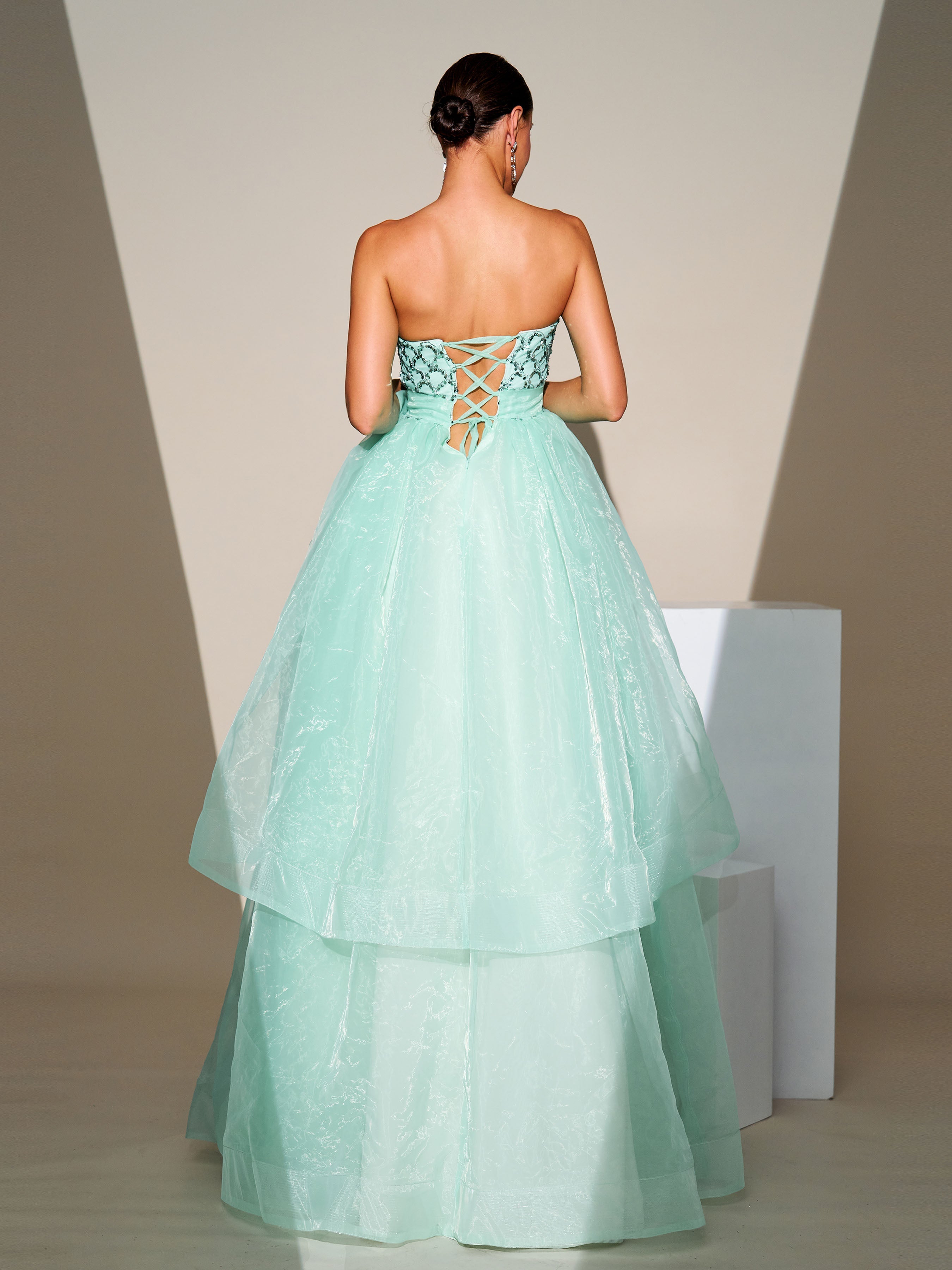 Strapless Tiered Mesh Tie Back Evening Dress DH80081