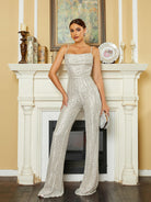 Spaghetti Strap Sleeveless Sequin Apricot Prom Jumpsuits RA60038