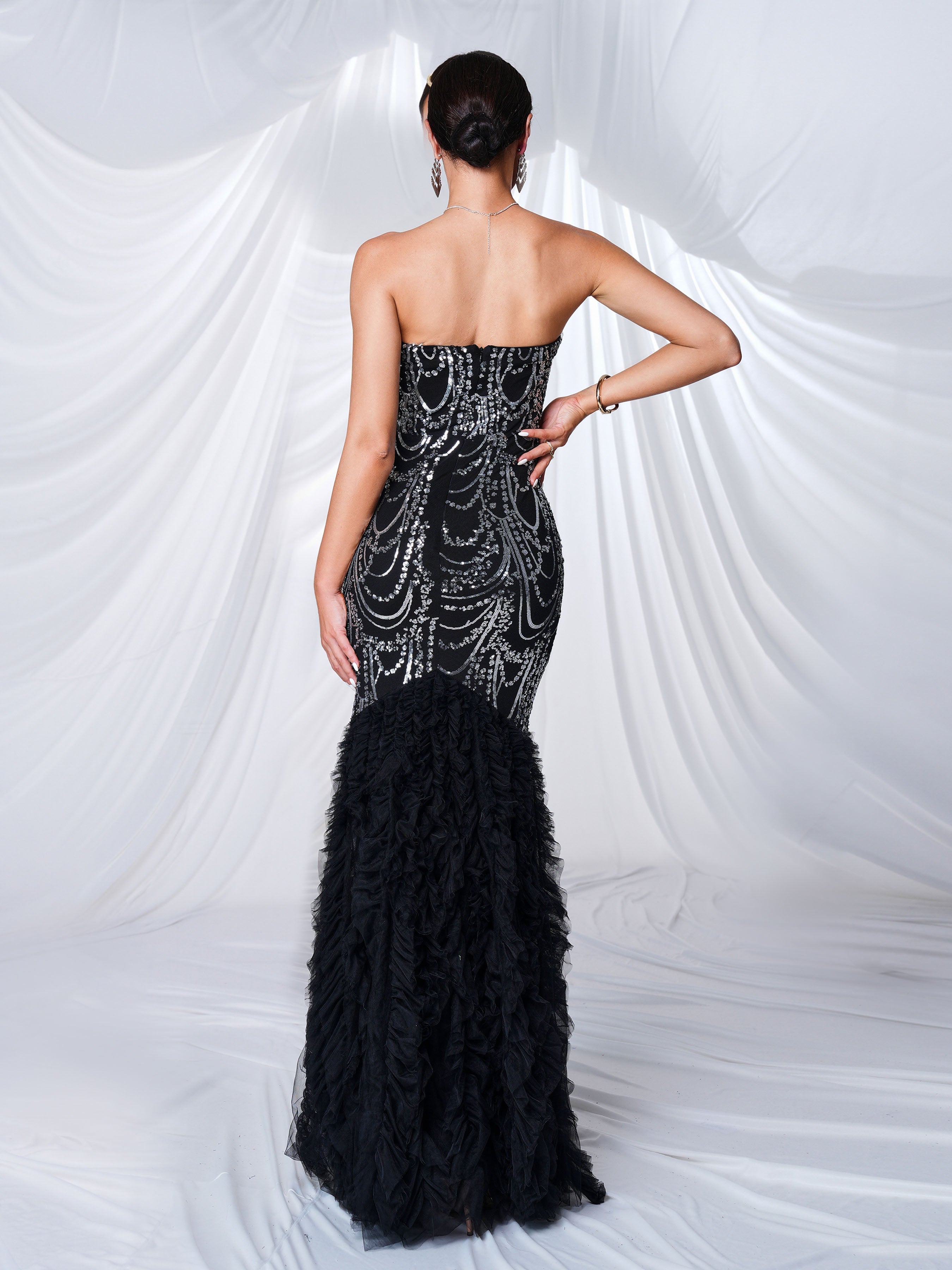 Strapless Sequin Mesh Black Mermaid Formal Dress RH30924