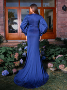 MISSORD V-neck Ruched Ballon Sleeve Blue Prom Dress 