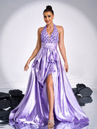 Sleeveless Drapping High Split Satin Dress DH80080