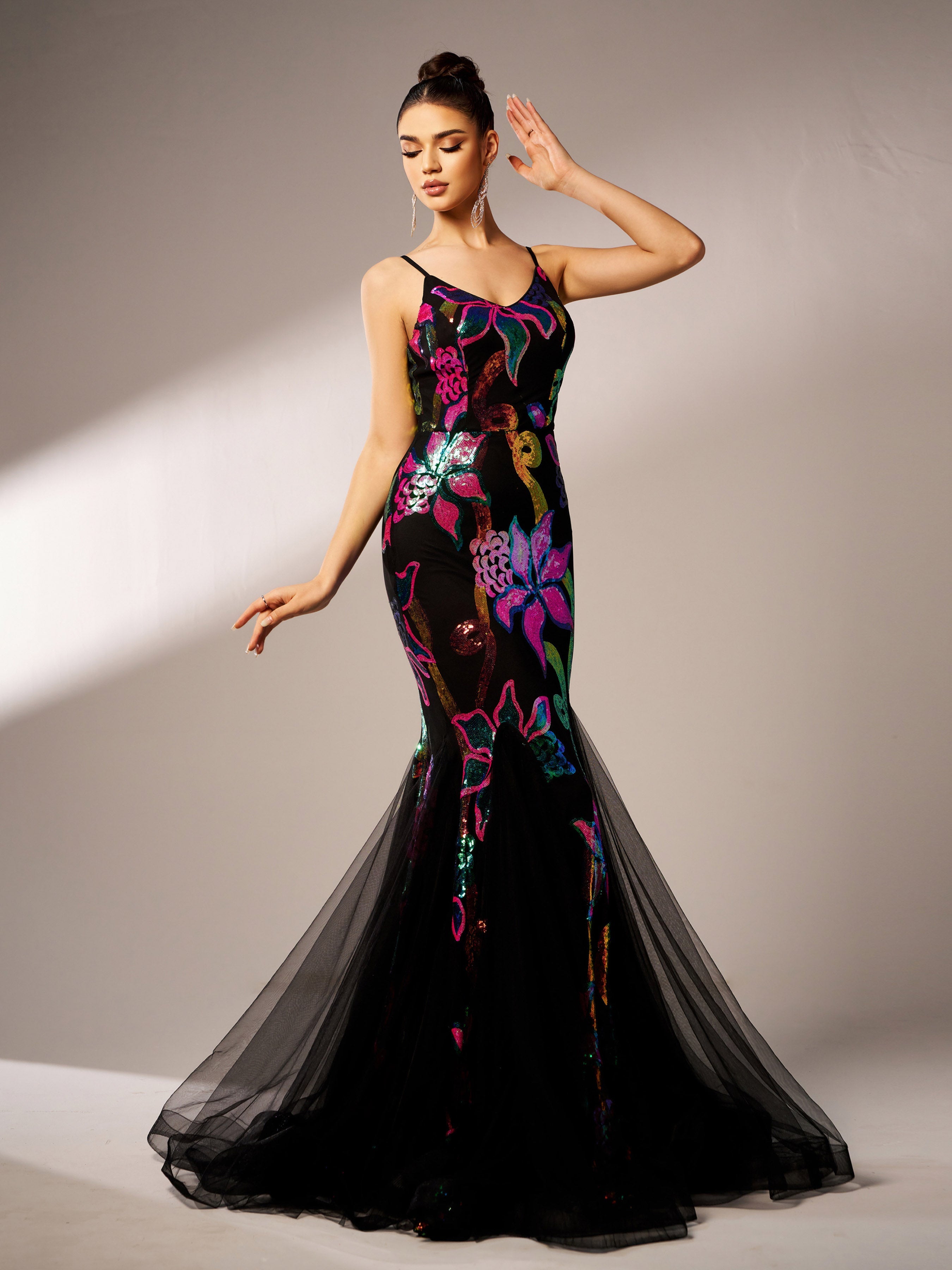 Sexy Spaghetti Strap Multicolor Mesh A-line Formal Dress RM21609