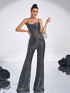 Spaghetti Strap Sleeveless Sequin Apricot Prom Jumpsuits RA60038