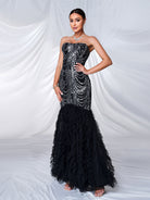 Strapless Sequin Mesh Black Mermaid Formal Dress RH30924