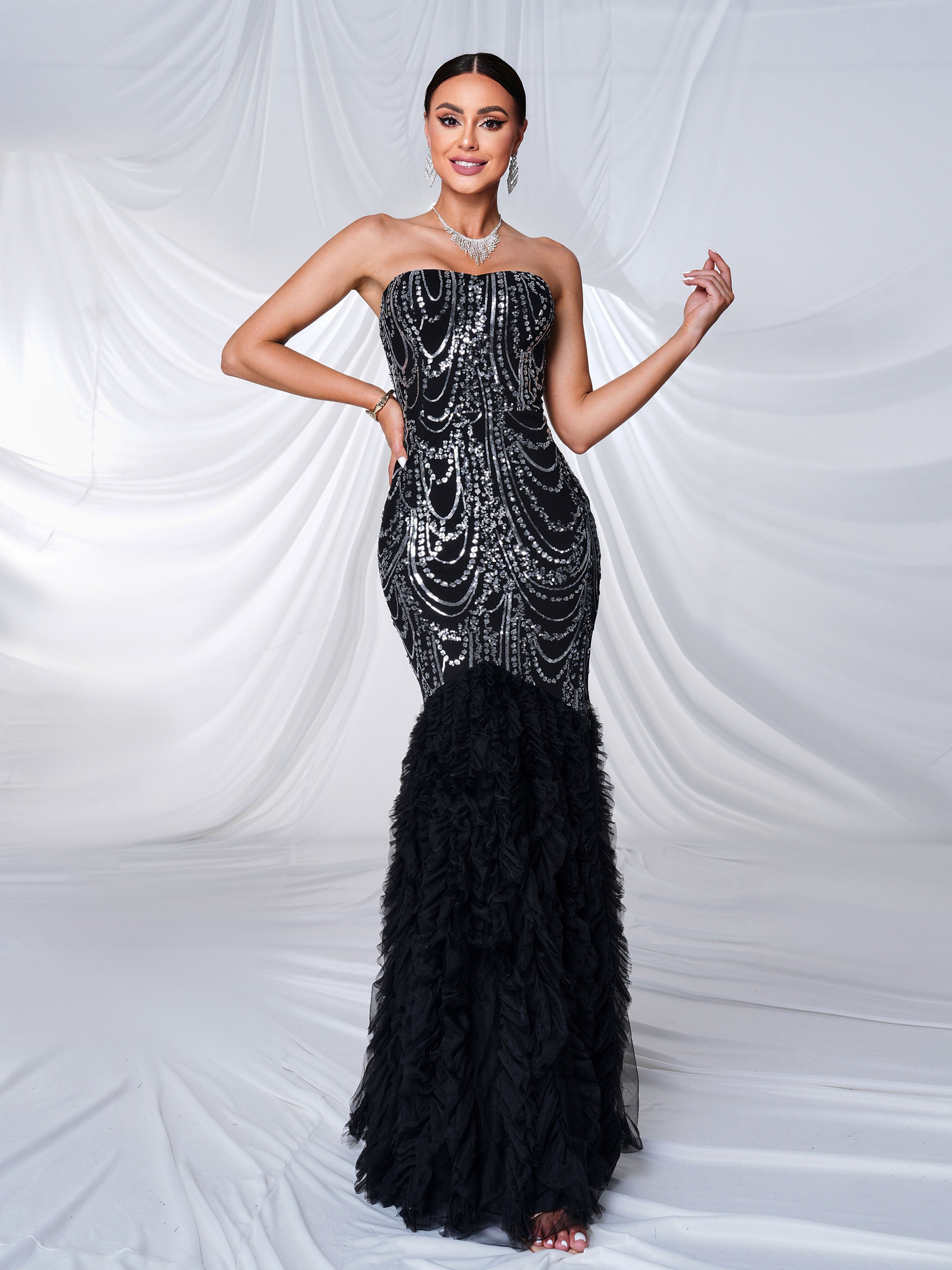 Strapless Sequin Mesh Black Mermaid Formal Dress RH30924