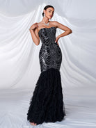 Strapless Sequin Mesh Black Mermaid Formal Dress RH30924