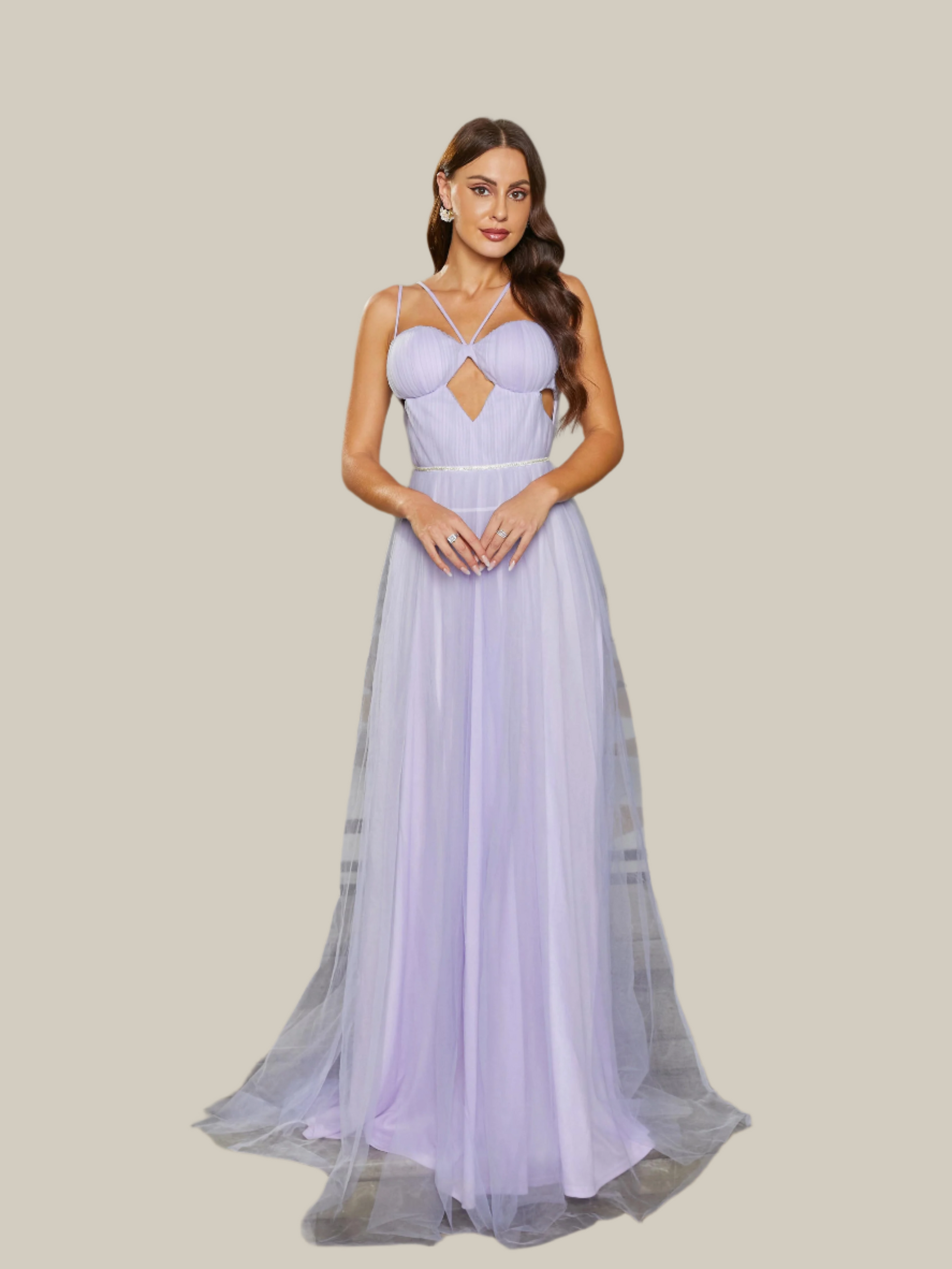 Vestido de noiva em tule roxo com alças em espaguete RJ11112