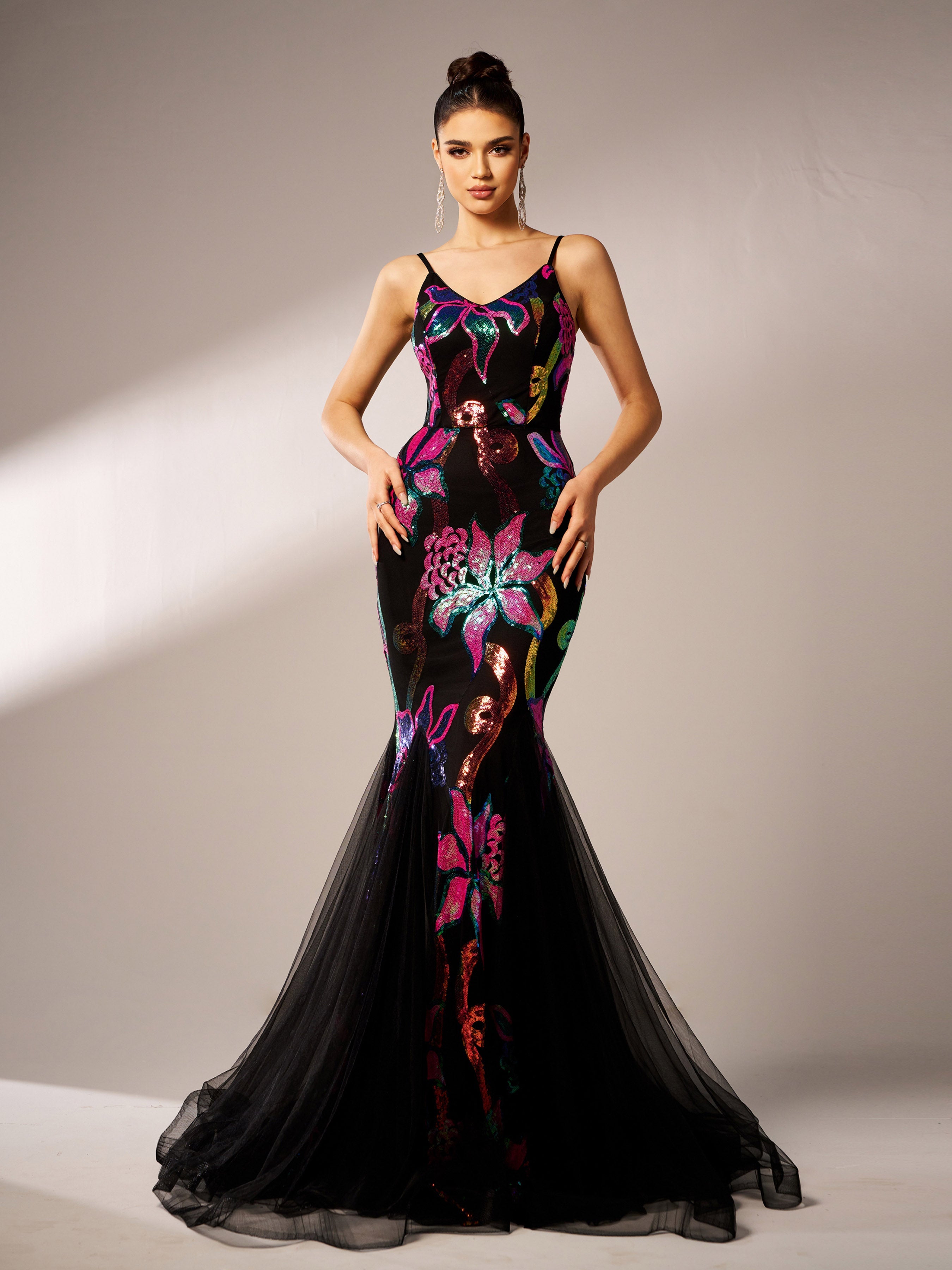 Sexy Spaghetti Strap Multicolor Mesh A-line Formal Dress RM21609