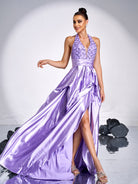 Sleeveless Drapping High Split Satin Dress DH80080