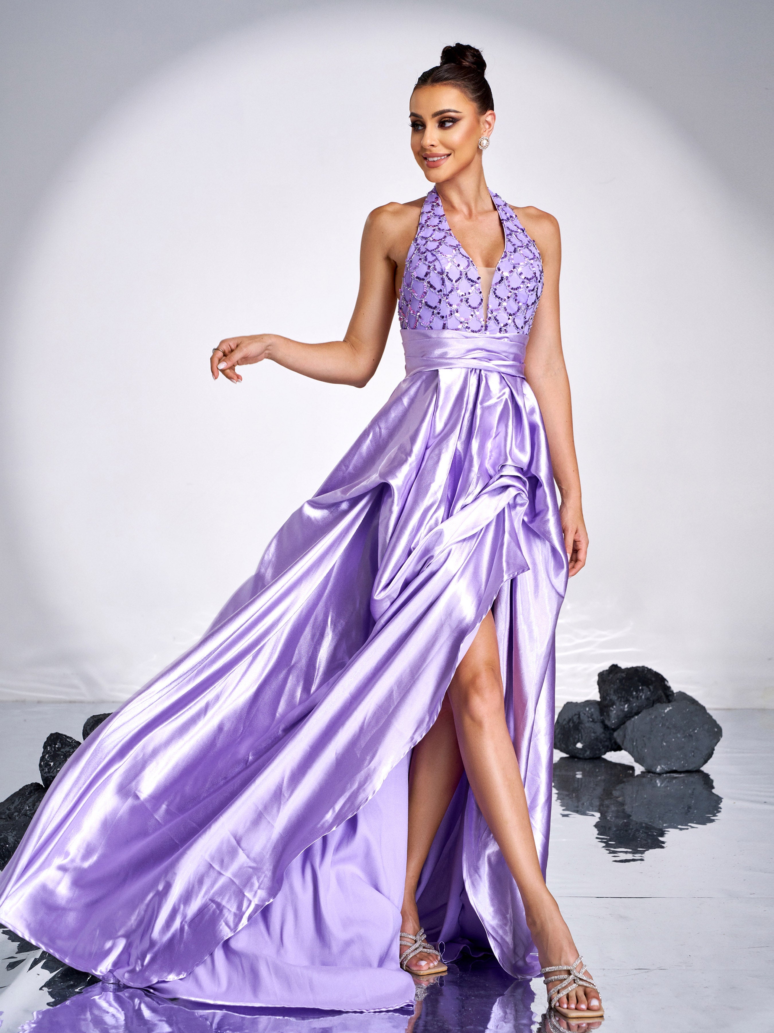 Sleeveless Drapping High Split Satin Dress DH80080