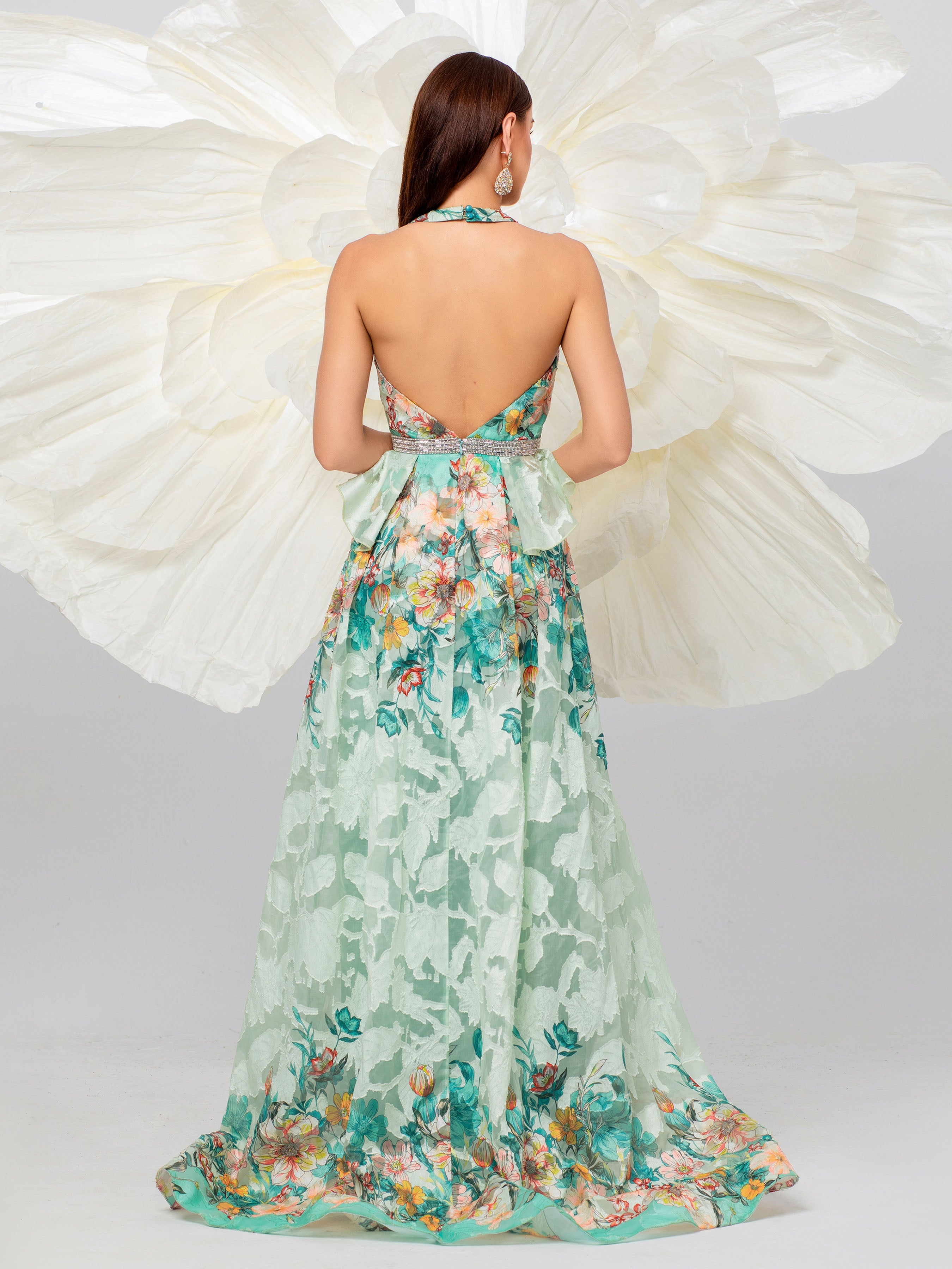 Open Back Halter Neck Floral Ball Gown DH80032