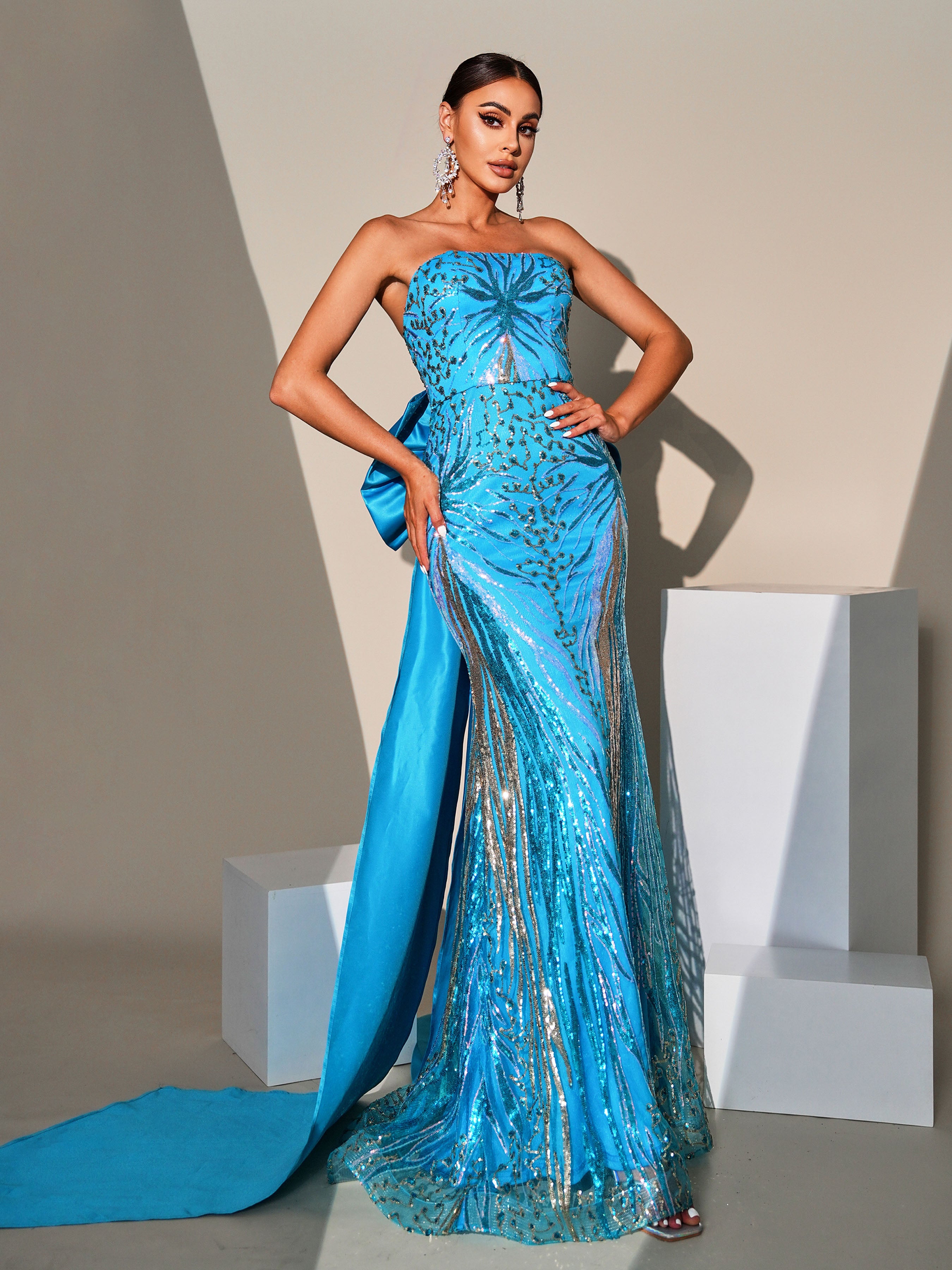 Strapless Bow Knot Sequin Evening Dress DH80098