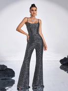 Spaghetti Strap Sleeveless Sequin Apricot Prom Jumpsuits RA60038