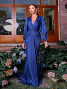 MISSORD V-neck Ruched Ballon Sleeve Blue Prom Dress 