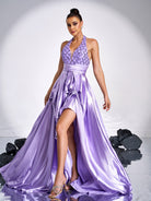 Sleeveless Drapping High Split Satin Dress DH80080