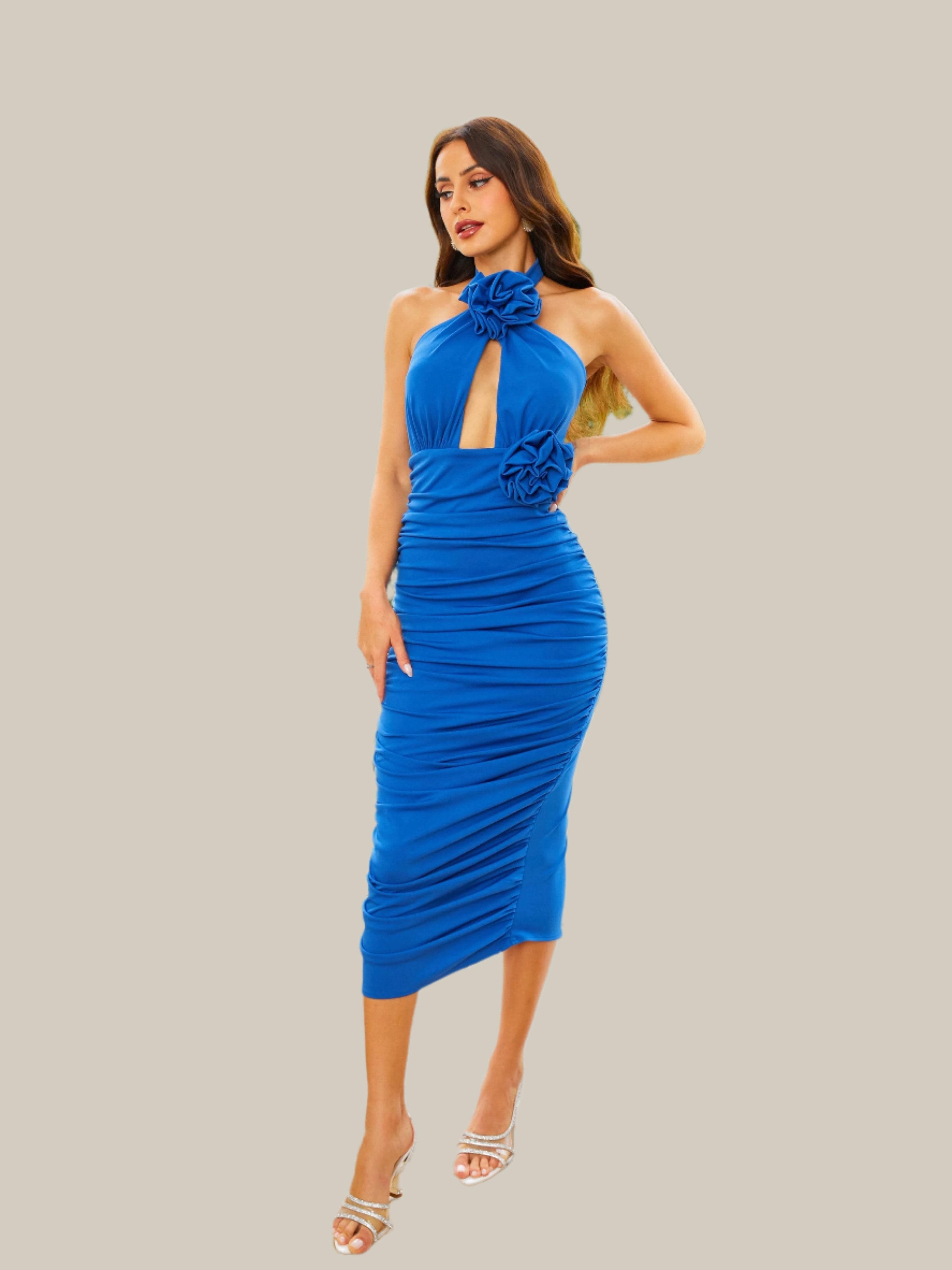 Halterneck Cutout Blue Pleated Bodycon Dress RJ10934 - MISS ORD