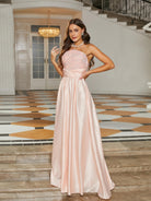 MISSORD Tube Top Panel Sequin Satin Pink Prom Dress 