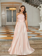 MISSORD Tube Top Panel Sequin Satin Pink Prom Dress 