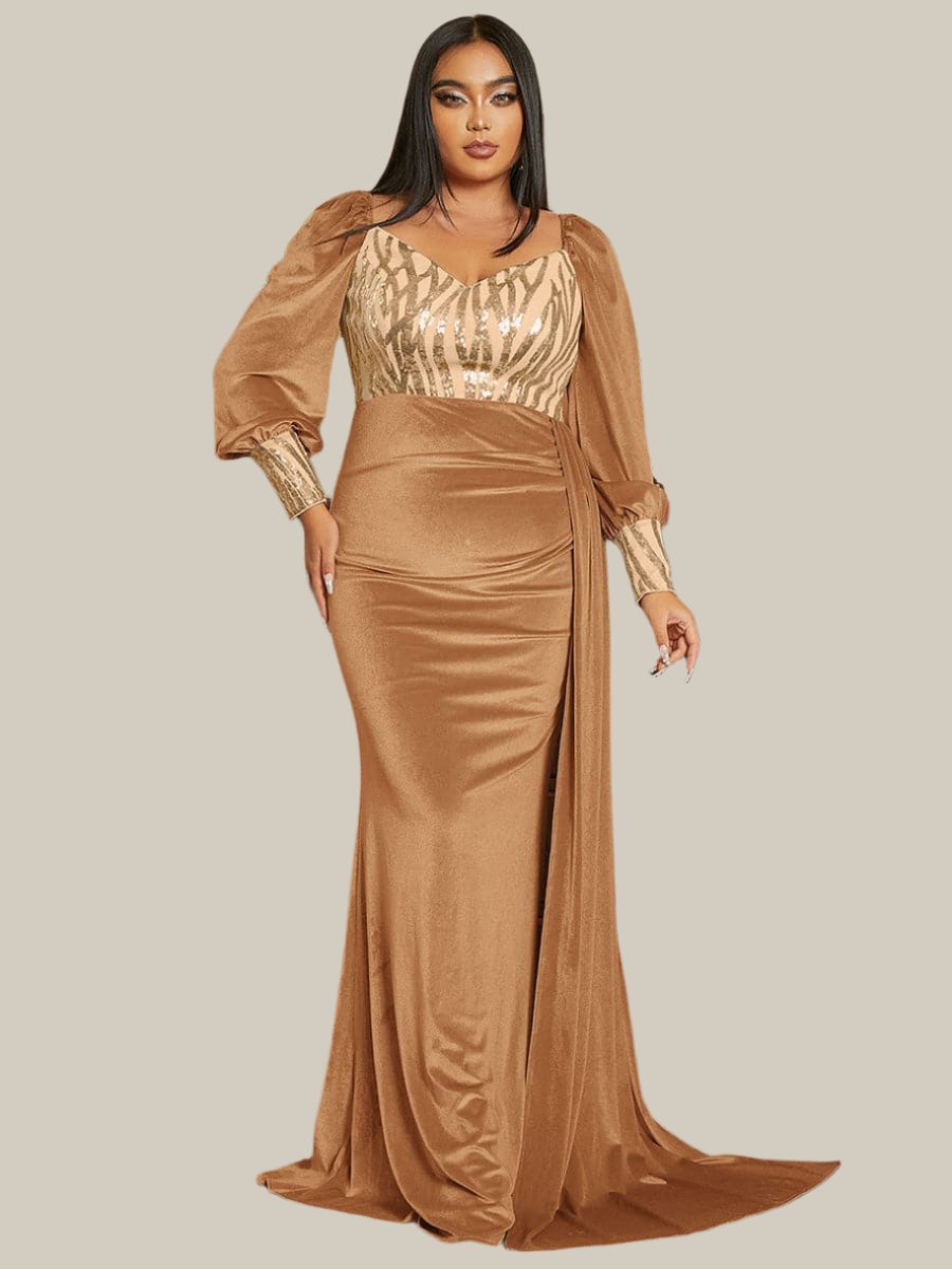 Plus Size Ribbon Lantern Sleeve Velvet Gold Evening Dress PJM032L MISS ORD