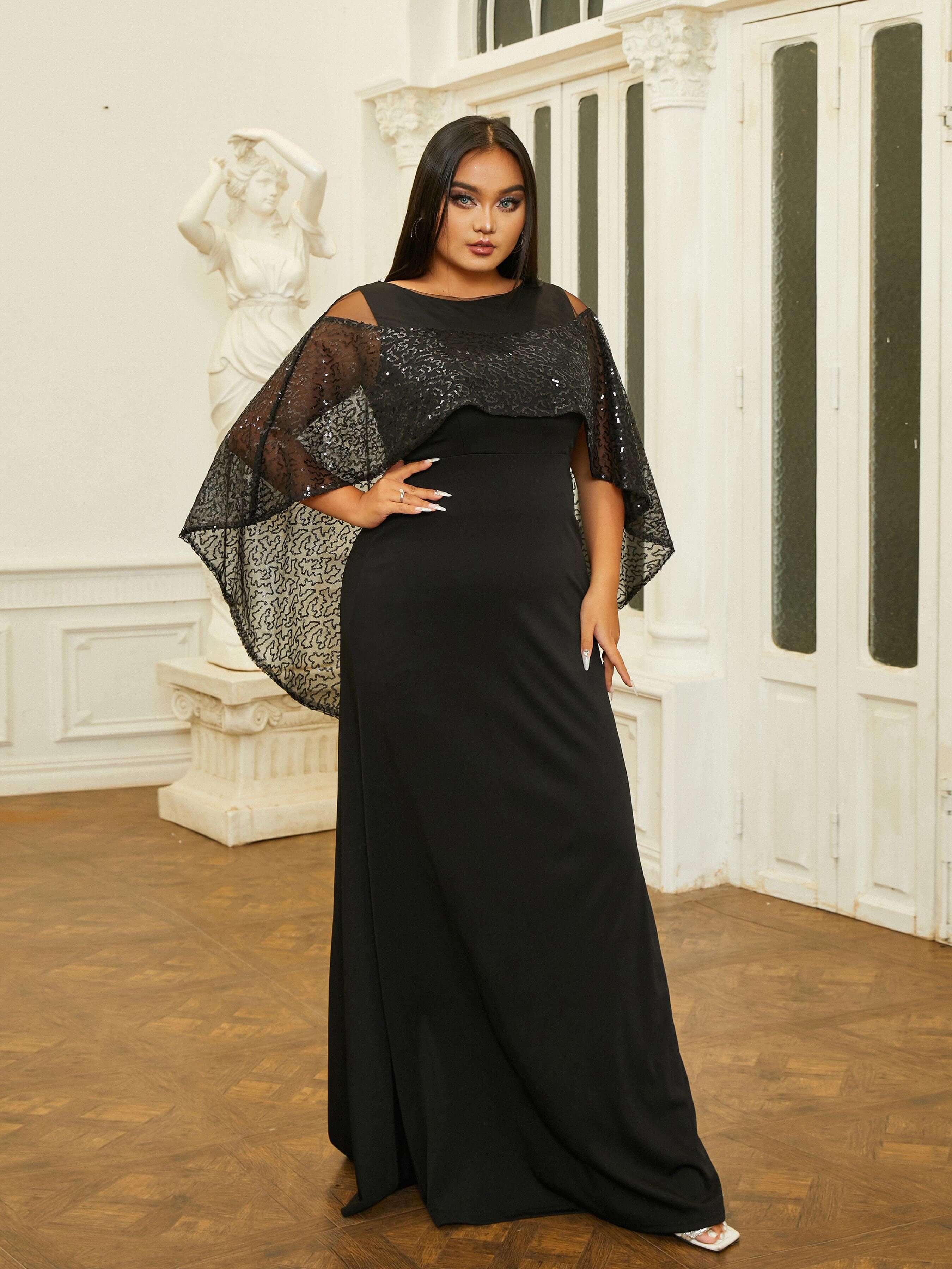 MISSOED Plus Size Cape Sleeve Backless Sequin Prom Dress