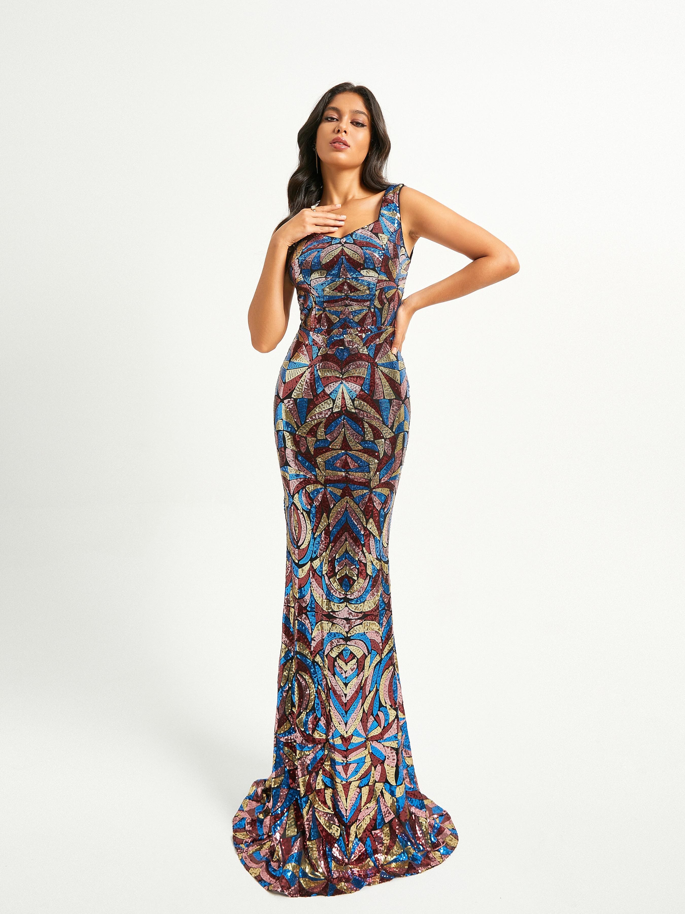 Formal Square Neck Multicolor Sequin Mermaid Dress RJ10768 MISS ORD