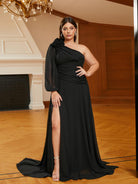 MISSORD Plus Size Tulle One Shoulder Appliqued Black Bridesmaid Dress