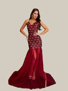 MISSORD Spaghetti Strap Panel Mesh Red Sequin Prom Dress