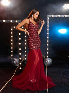 MISSORD Spaghetti Strap Panel Mesh Red Sequin Prom Dress