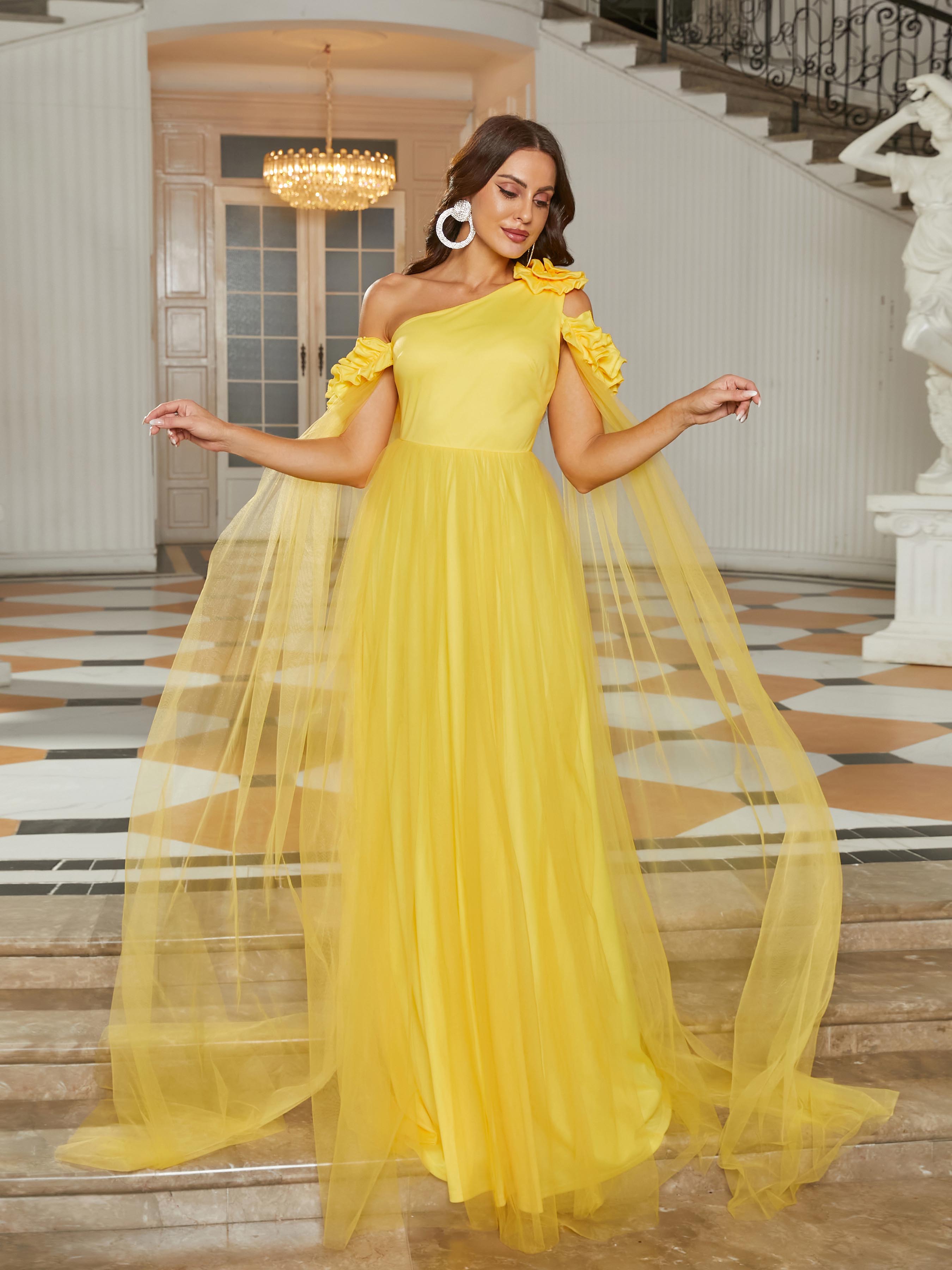 MISSORD One Shoulder Tulle Sleeveless Yellow Maxi Prom Dress