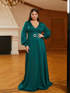 MISSORD Plus Size V-neck A-line Belt Green Wedding Guest Dress