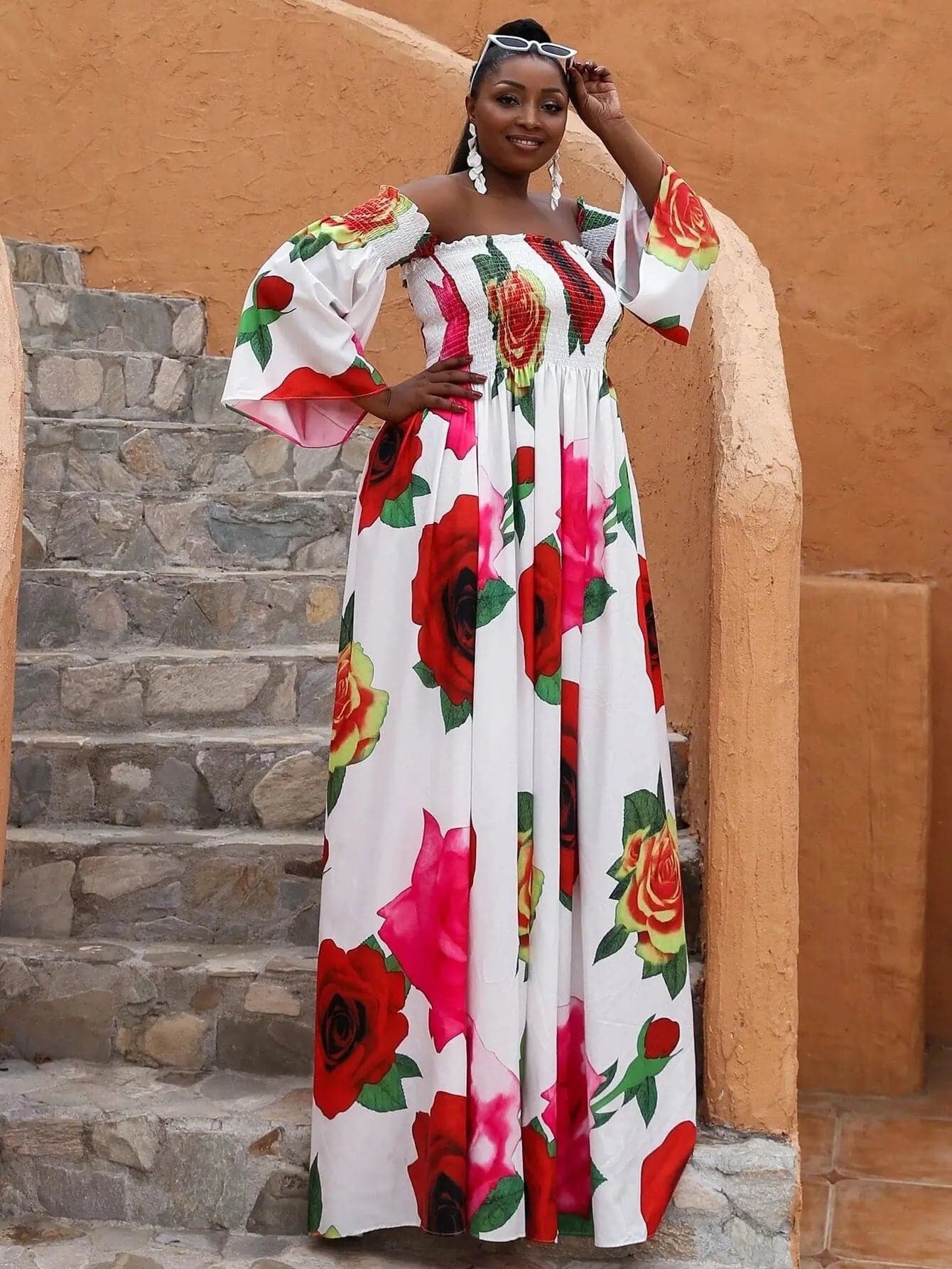 Missord Plus Floral Print Shirred Bardot Dress P0121 MISS ORD