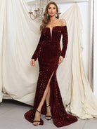 Off Shoulder Mesh Insert Split Sequin Prom Dress M0806 MISS ORD