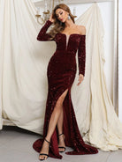 Off Shoulder Mesh Insert Split Sequin Prom Dress M0806 MISS ORD