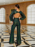 Open Back Ballon Sleeve Green Jumpsuit