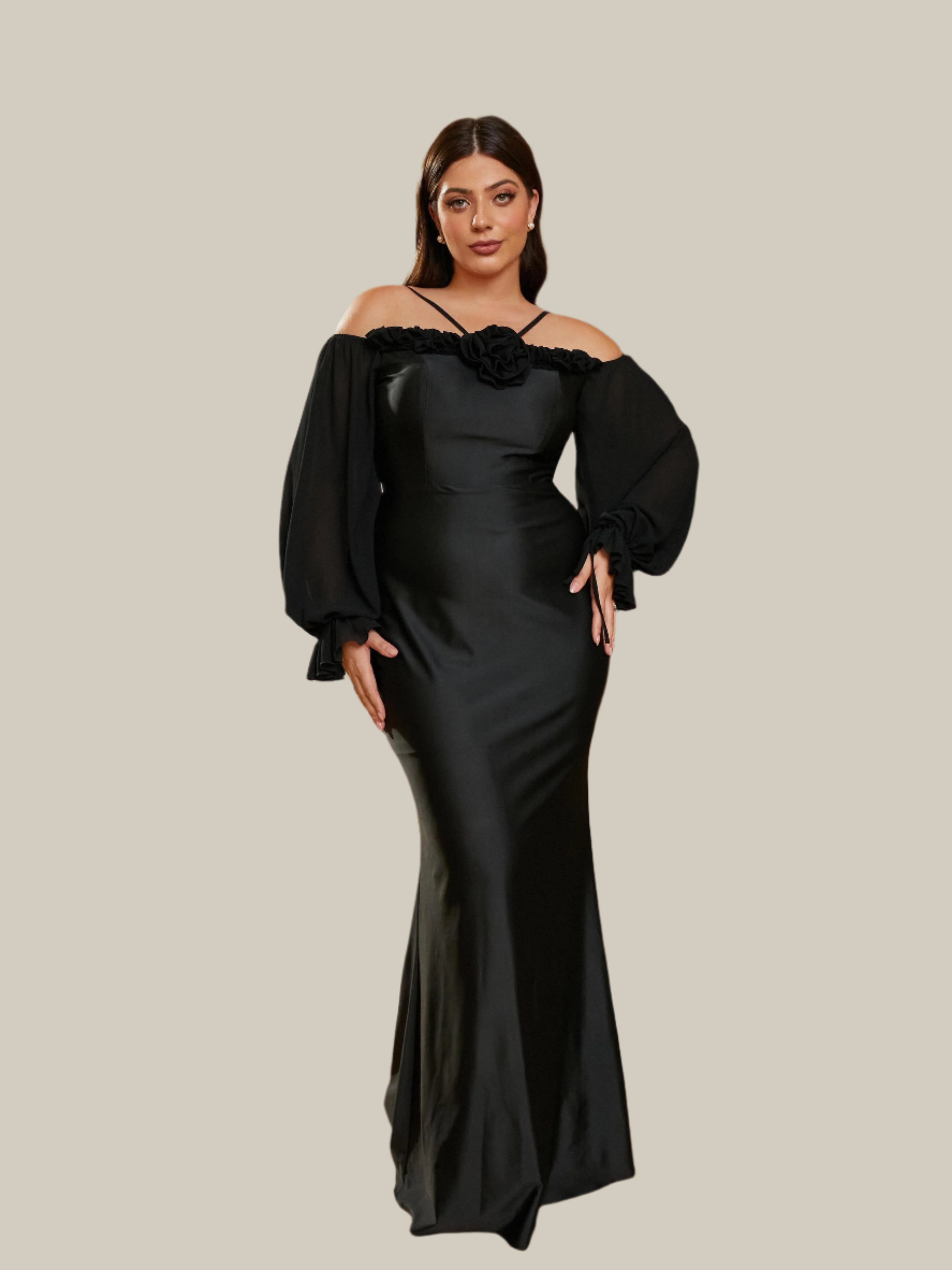 MISSORD Plus Size Halter Appliqued Panel Black Prom Dress