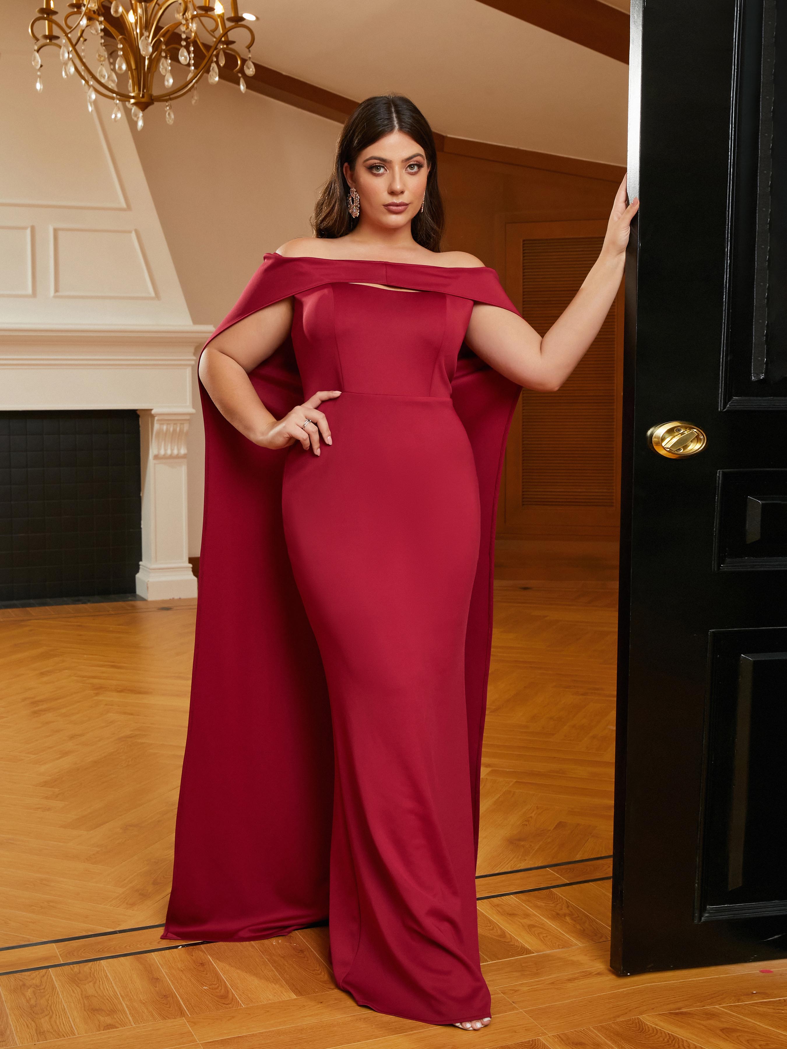 MISSORD Plus Size Cape Sleeve Cutout Red Wedding Guest Dress