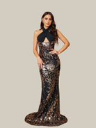 MISSORD Halter Cutout Panel Sequin Black Prom Dress