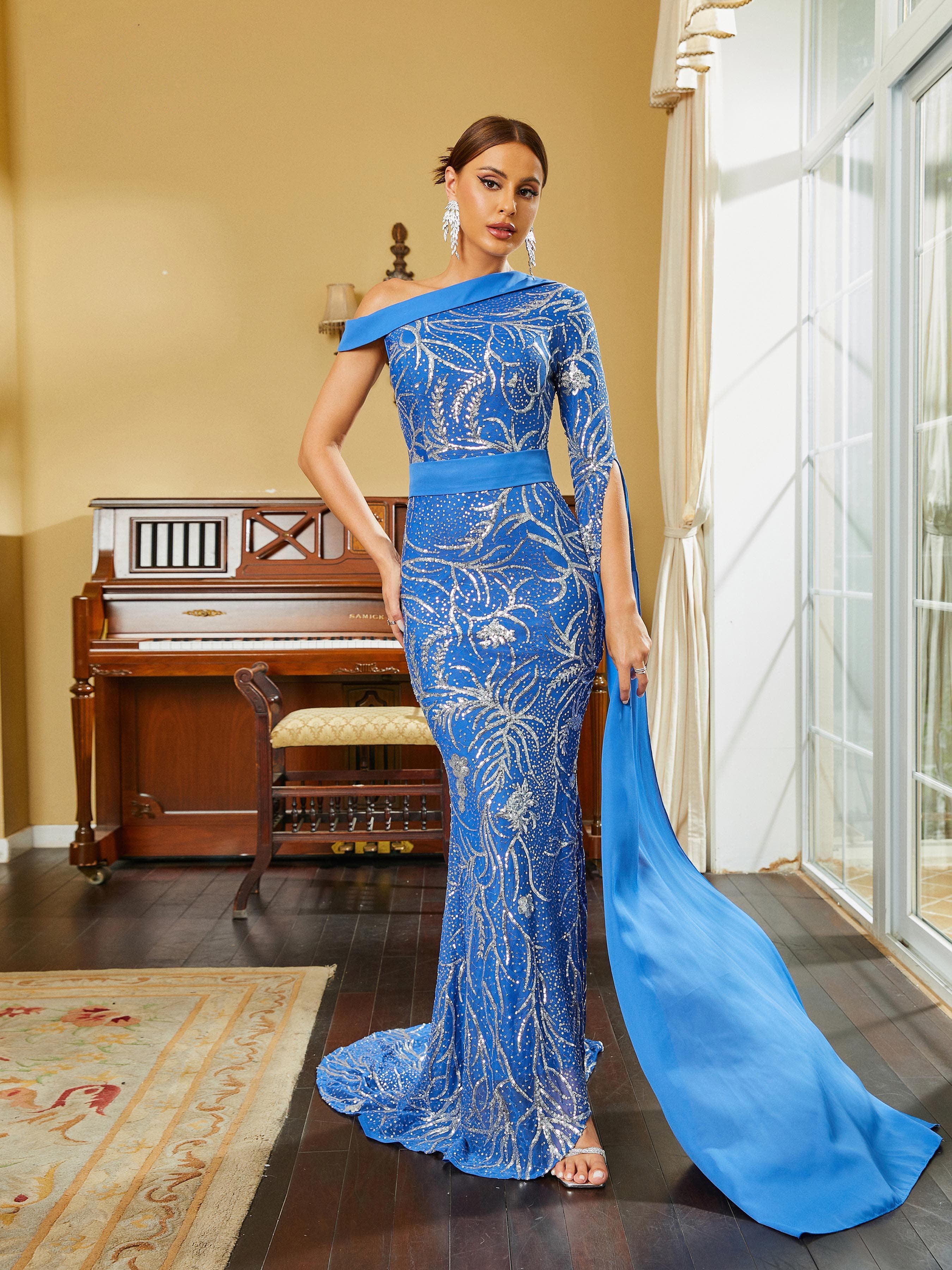 Mermaid Draped Sleeve Sequin Blue Evening Dress